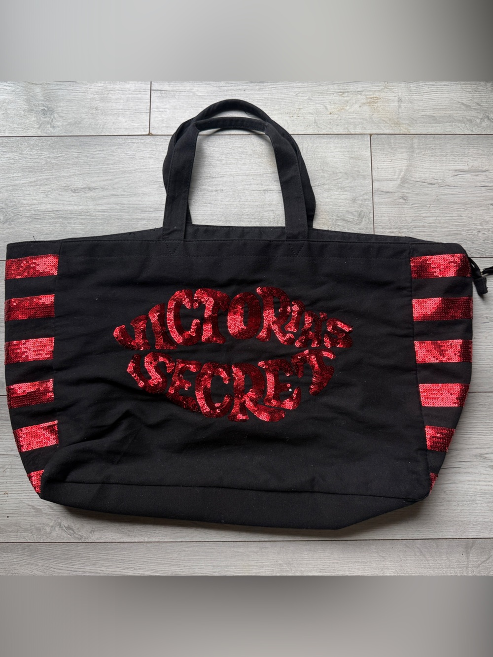 Victoria's Secret Black Tote with Red Sequin Lip Logo